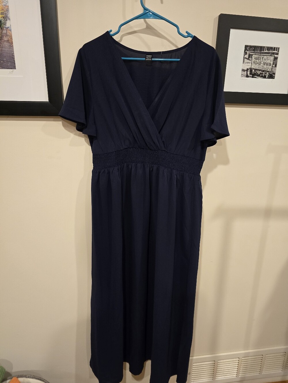 SHEIN Navy Wrap-Front Midi Dress with Smocked Waist